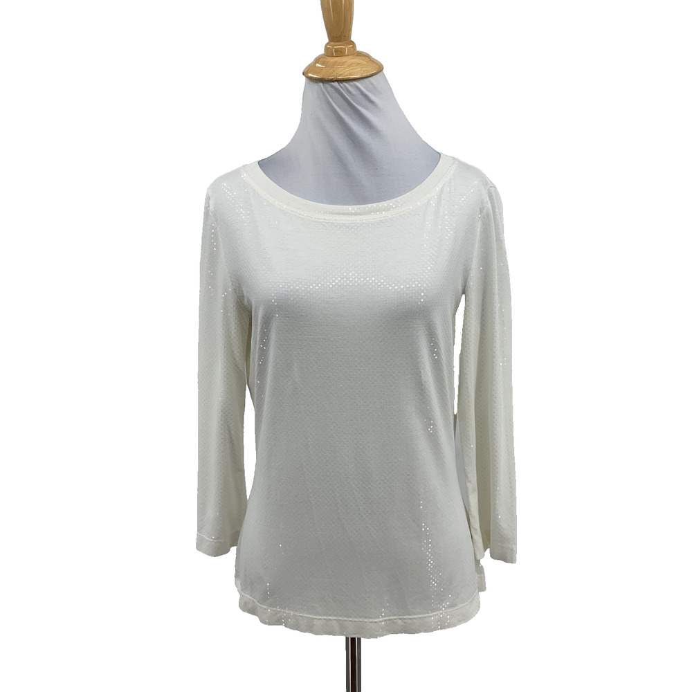 St John Top Women S Small White Caviar Square Sequin Payette 3/4 Sleeve Tee